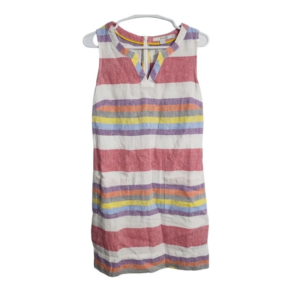 Boden 100% Linen Striped V Neck Shift Mini Beach Preppy Vacation Pool Dress 6‎